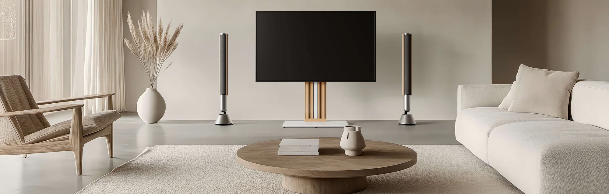 Freistehende TV-Halterung in einem lichtdurchfluteten Altbau-Wohnzimmer